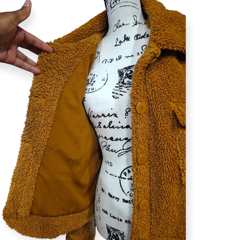 Sanctuary Faux Sherpa Cropped Trucker Jkt Teddy Fleece Button Front Camel Sz XL - Picture 8 of 9